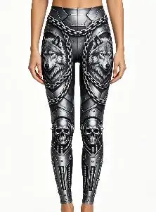 Women Mid‑Rise Fleece Lined Leggings, Metallic Armor Wolf Skull Chain Gothic Print Slim Stretch Pants - view 5