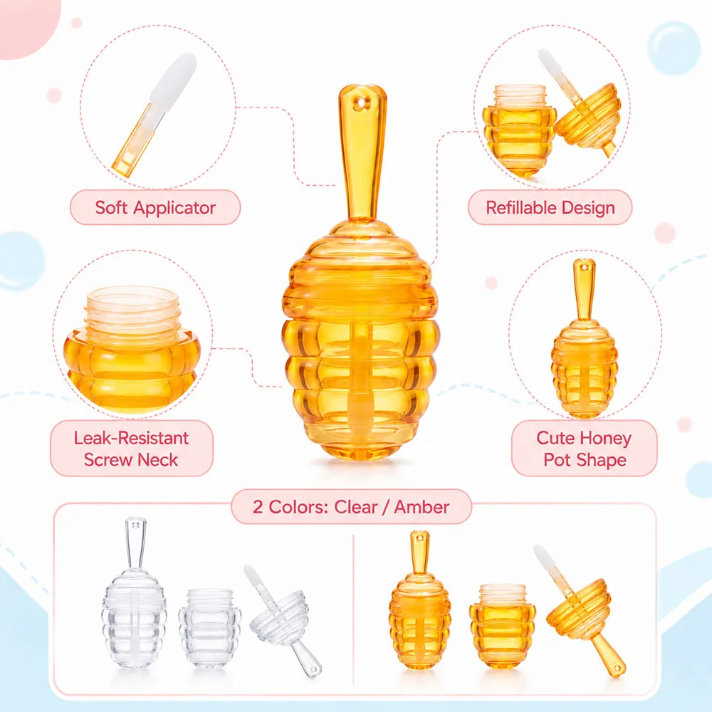 20PCS 5ML Empty Honey Pots Shaped Lip Gloss Tube Refillable Lip Glaze Container for Beauty Cute Portable Travel Dispenser Bottle view 3