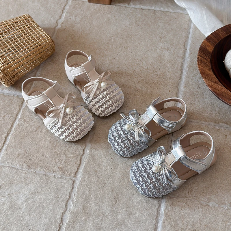

Kid's Shoes Girls' Summer Sandals 2026 Knitted Breathable Pearl Bowknot Princess Shoes Soft Sole Non-Slip Children's Shoes 21-30