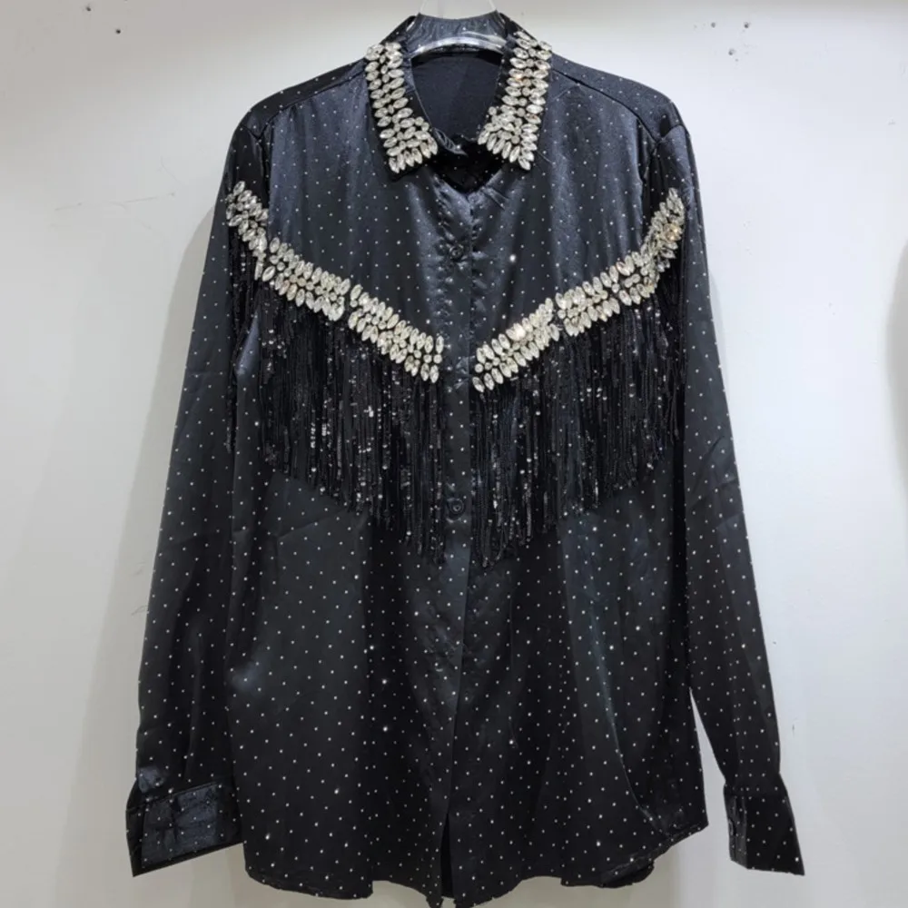 Camisa de cetim feminino com grânulos de diamante borla, tops femininos, moda primavera, novo, 2024