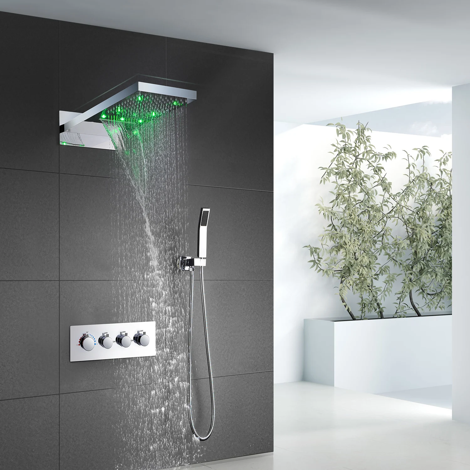 

22'' Chrome Shower Set Wall Mounted LED rain Waterfall Massage Thermostatic bathroom Shower Set