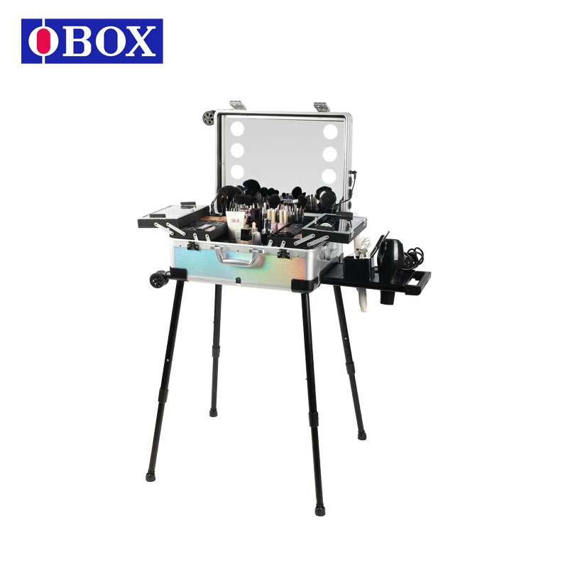 OBOX Portable Vintage Makeup Case With 4 Universal Wheels Extendable Cover Panel And Adjustable Legs Cosmetic Trolley Organizer