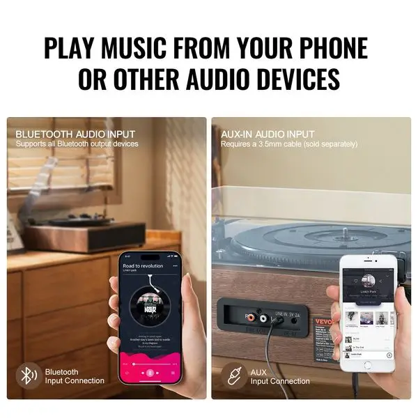 مشغل تسجيلات من الفينيل VEVOR، 3 سرعات، مشغل قرص دوار مدمج مع مكبرات صوت ستيريو مدمجة 10 وات، خرطوشة مغناطيسية، دعم 3