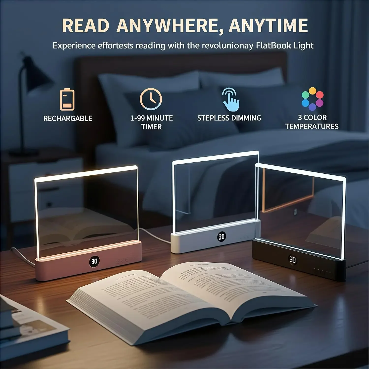 2 in 1 LED Book Light and Night Light ,3 Color Temperatures & Stepless Dimming, USB Rechargeable Reading Light with Timer Night