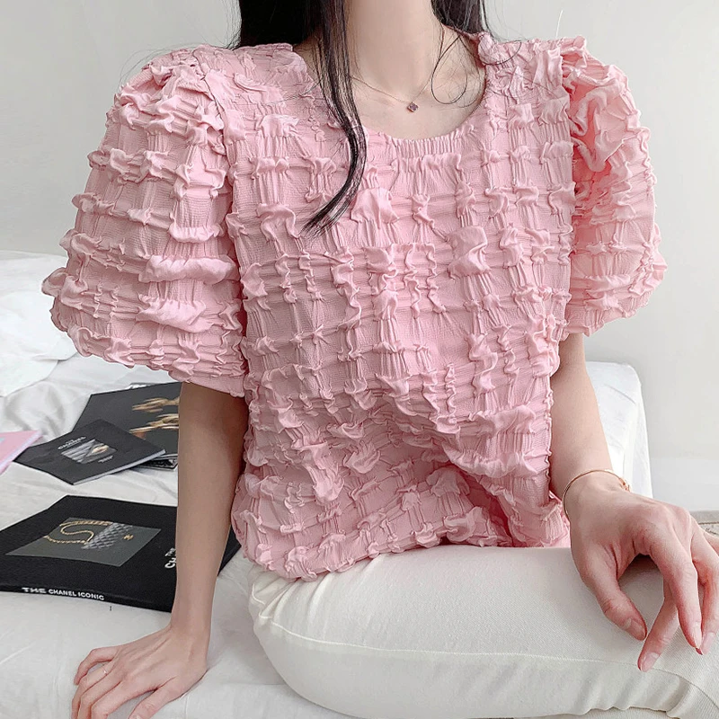 

Chic Summer Casual round Ne Bubble Sve irt Women's Loose Fit Cheerboard Print Versatile Top Korean Sle Commute Wind