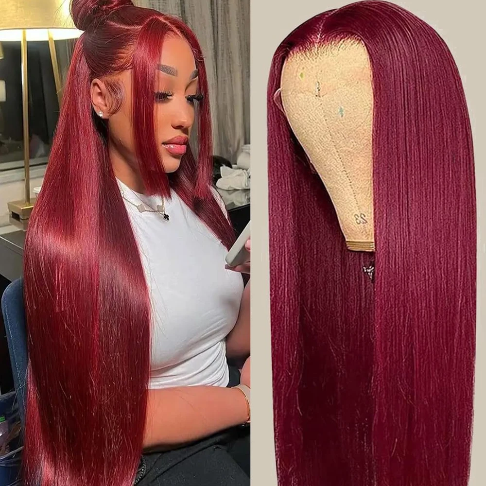 13X4 Glueless Wig Human Hair Ready To Wear 30 38 Inch 99J Straight Burgundy Human Hair 100% Brazilian Wigs On Sale For Women