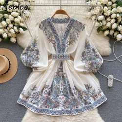 Neploe French Style Moda V Neck Puff Sleeve Belt Mujer Panelled High Waist Court Print Simple Dresses Sweet Slim Waist Vestidos