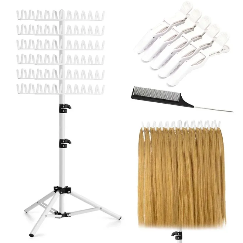 

Adjustable Height Braiding Hair Storage Rack With Black Tray 144 Pegs Hair Extension Holder With Braiding Accessories Clips Comb