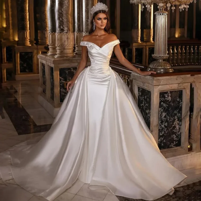 Mermaid Ball Gowns Woman's Formal Bride Beach Party Vestidos De Fiesta Luxury V Neck Wedding Dresses Pleat Satin With Appliques