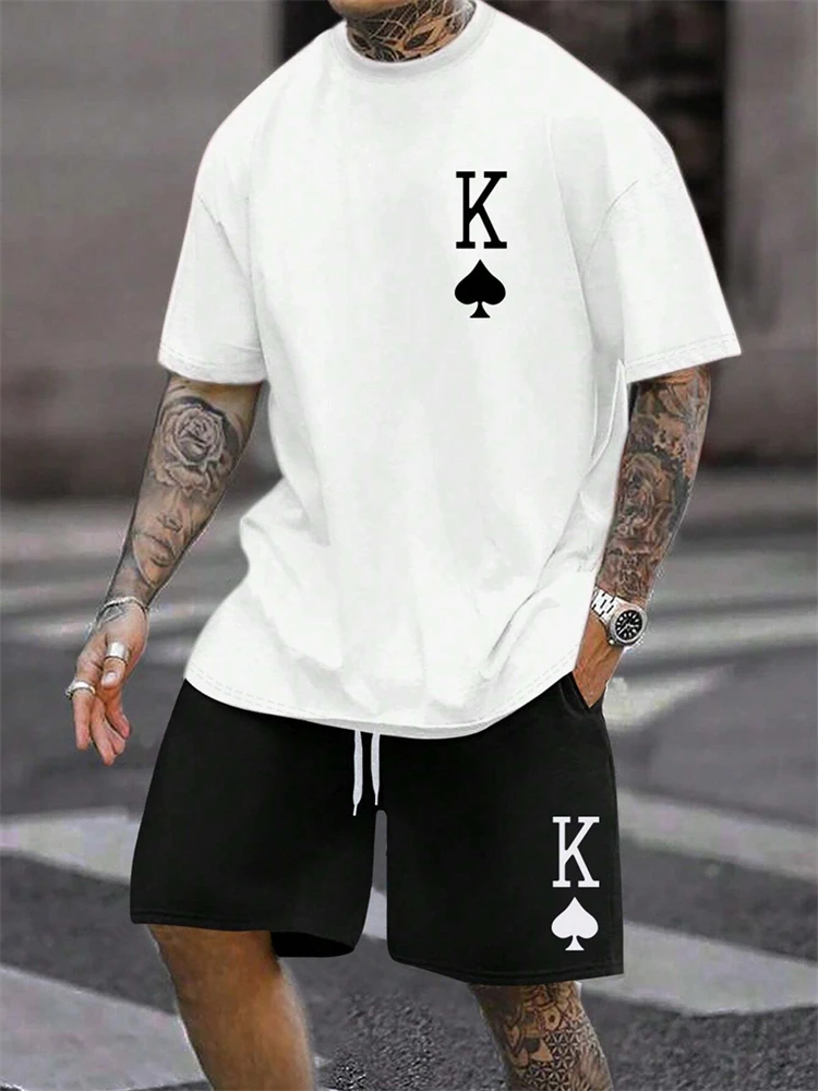 

New Men's Short-Sleeve Shorts Set Spades K Print T-Shirt & Shorts 2-Piece Casual Crewneck Pullover Breathable Athletic Wear