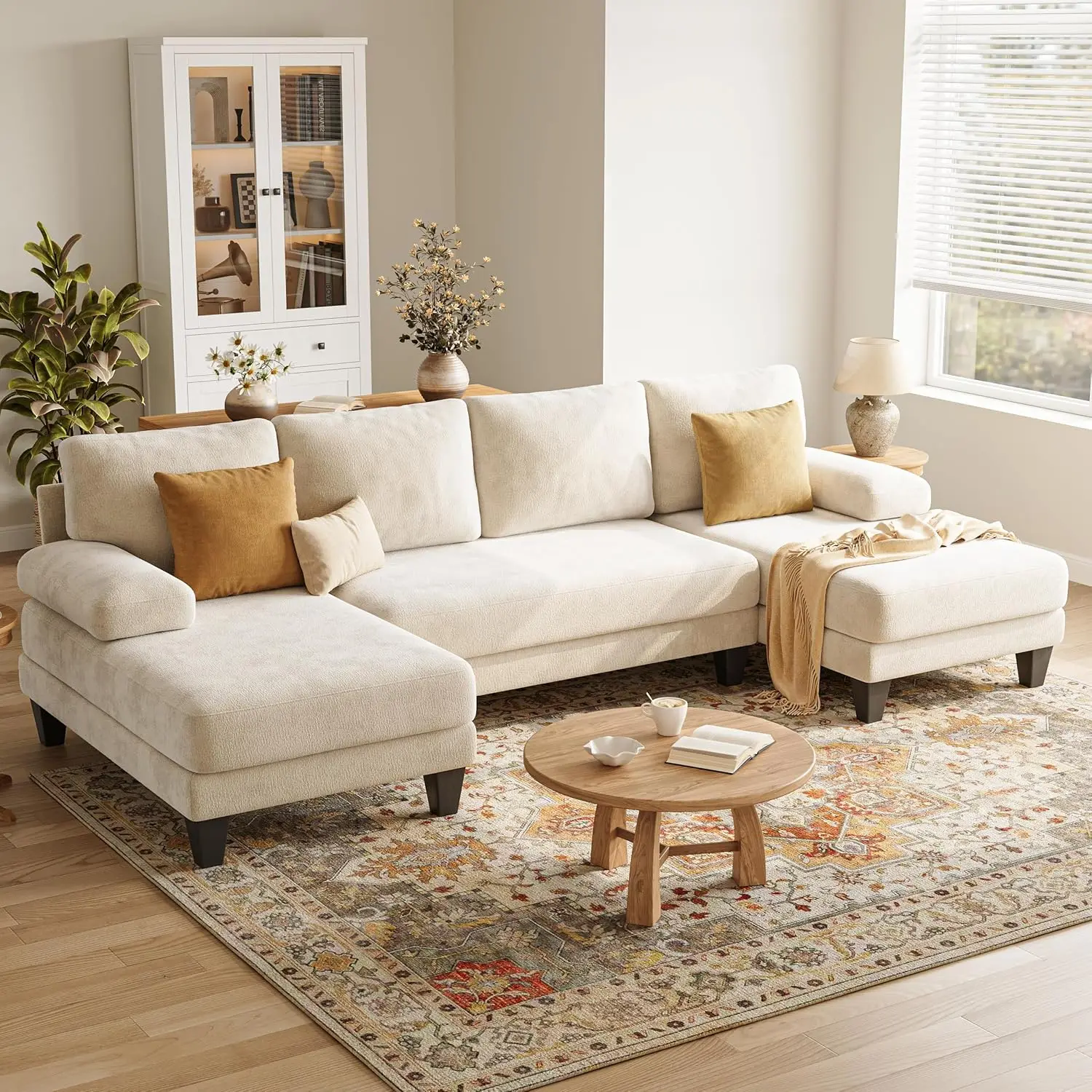 

U-Shaped Sectional Couches for Living Room,112 Inch Modern Sectional Couch,Warm White Chenille Sofa with Double Chaise