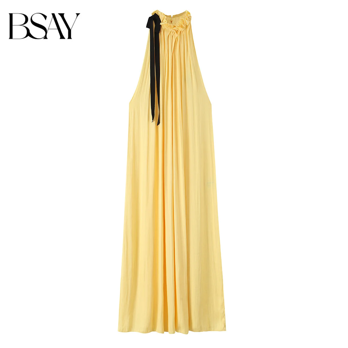 BSAY Damen-Maxikleid mit Neckholder-Ausschnitt in Gelb, Rüschen am Hals, schwarzes Band zum Binden, ärmellos, A-Linie, langes Kleid, lockeres, fließendes Strandkleid