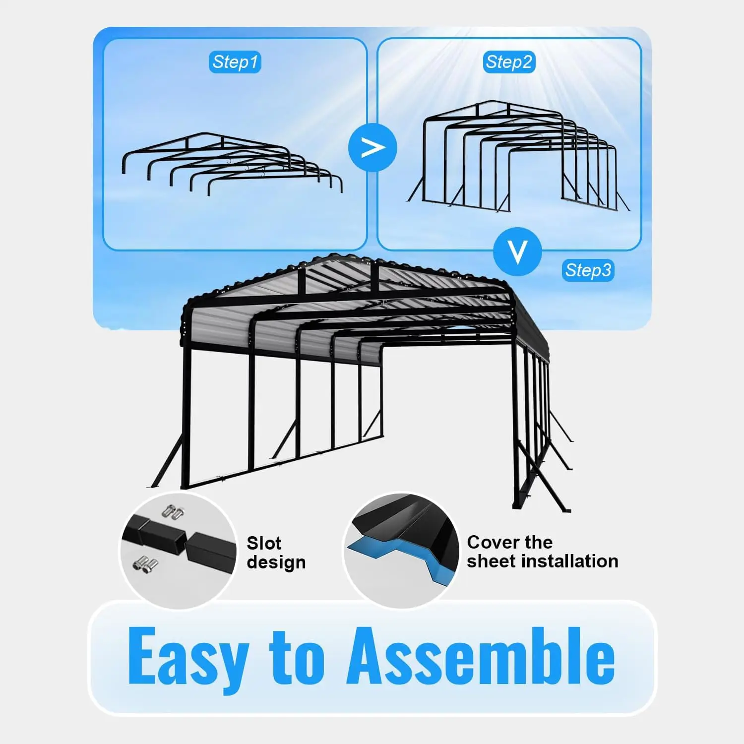 12x25FT Heavy Duty Metal Carport with Side Support Poles for All Weather | Leak-Resistant Seam, High Load Capacity,Custom