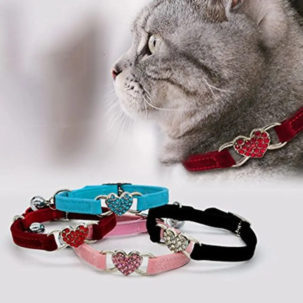 

Safety Heart Bell Cat Collar Adjustable Elastic Adjustable Colored Diamonds Cat Collar With Bell Soft Dog Necklace