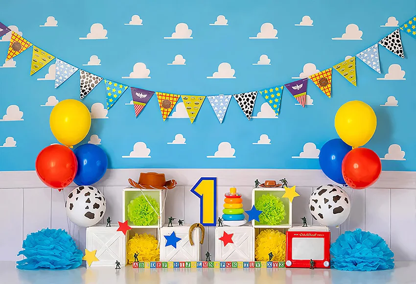 Mehofond Photography Background Cartoon Blue Sky White Cloud Toy Boy 1st Birthday Cake Smash Portrait Decor Backdrop Photo Studi