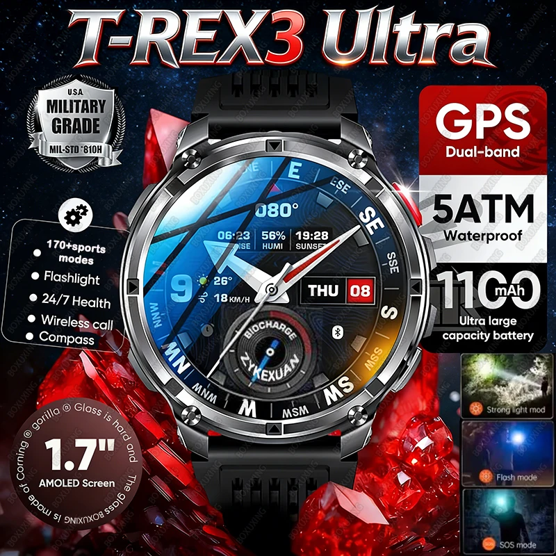 New T-Rex3 Pro/HT33 1100mAh Battery Smart Watch GPS path 5ATM Waterproof Sports tracker Outdoors Compass Military Smartwatch Men
