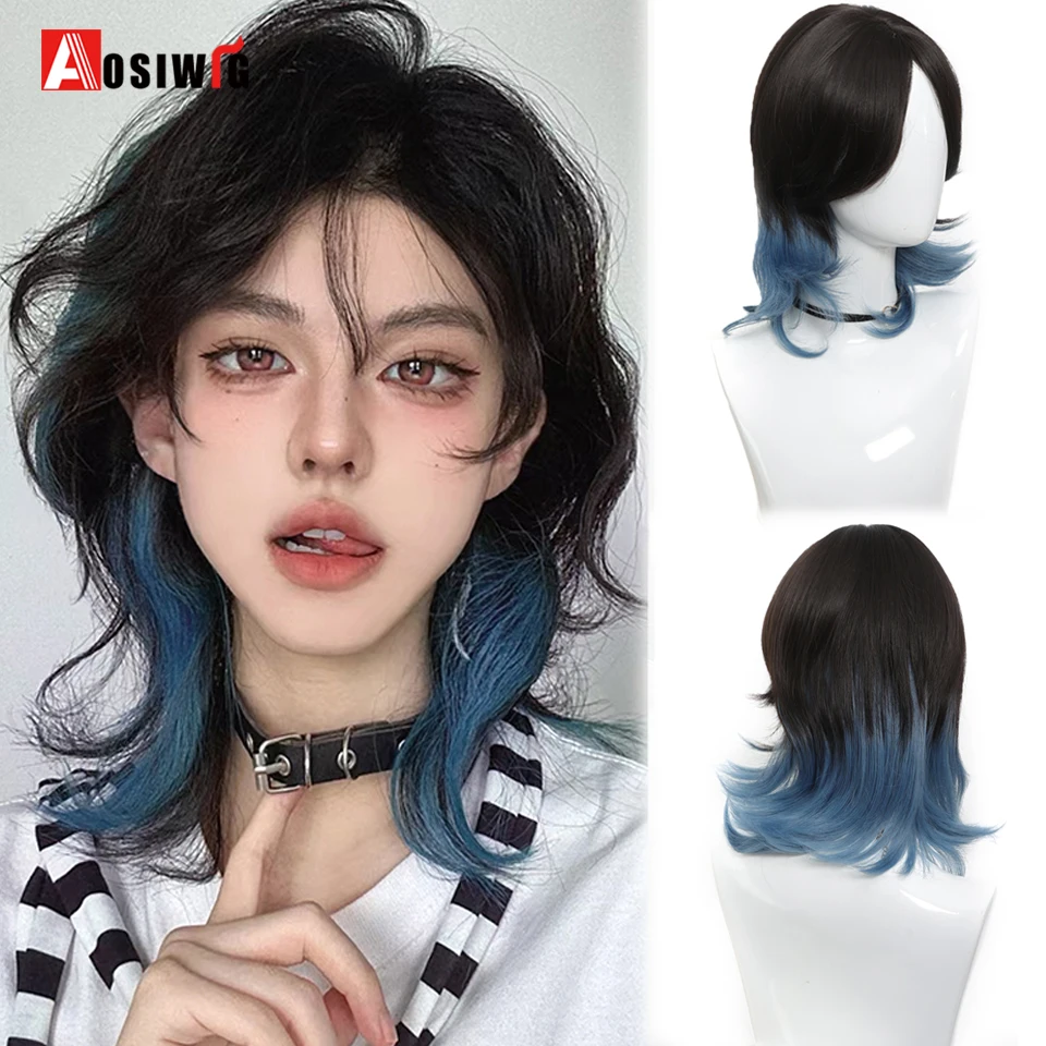 Synthetic Black Gradient Blue Anime Wolf Tail Samurai Head Wig Medium Parting Short Hairstyle Daily Fluffy Natural Mullet Head W