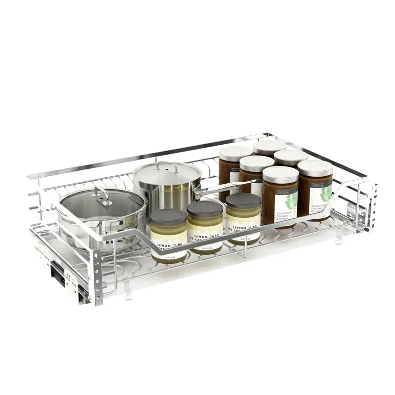 Single layer pull-out basket 304 stainless steel kitchen cabinet drawer type bowl rack seasoning basket buffer damping track