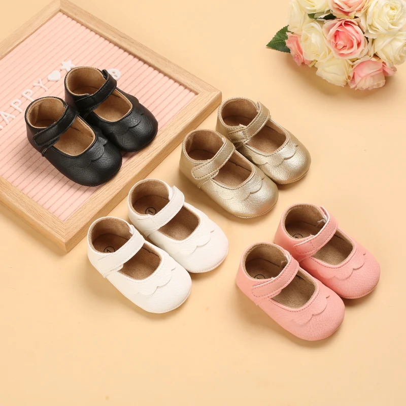 Chaussures plates de princesse en cuir PU pour filles, couleur unie, avec semelle en caoutchouc antidérapante, chaussures de marche pour nouveau-né, robe de berceau, 0-18M