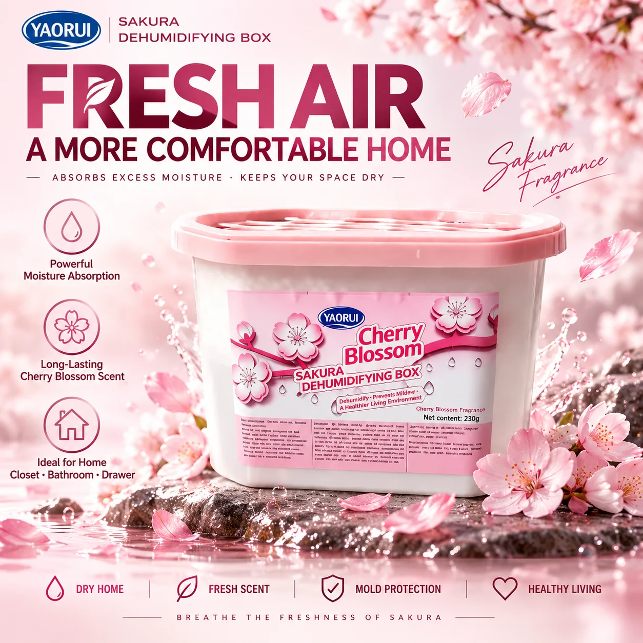 Sakura Dehumidifier Box, Household Wardrobe and Dormitory Dehumidifying Agent,Calcium Chloride Desiccant for Moisture Absorption