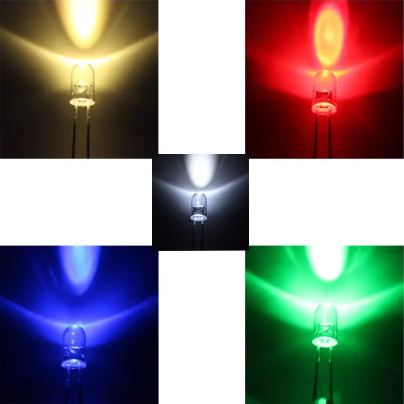 100PCS 3mm 5mm F3 F5 라운드 LED 울트라 브라이트 화이트 그린 옐로우 블루 화이트 레드 발광 다이오드 Diy 키트
