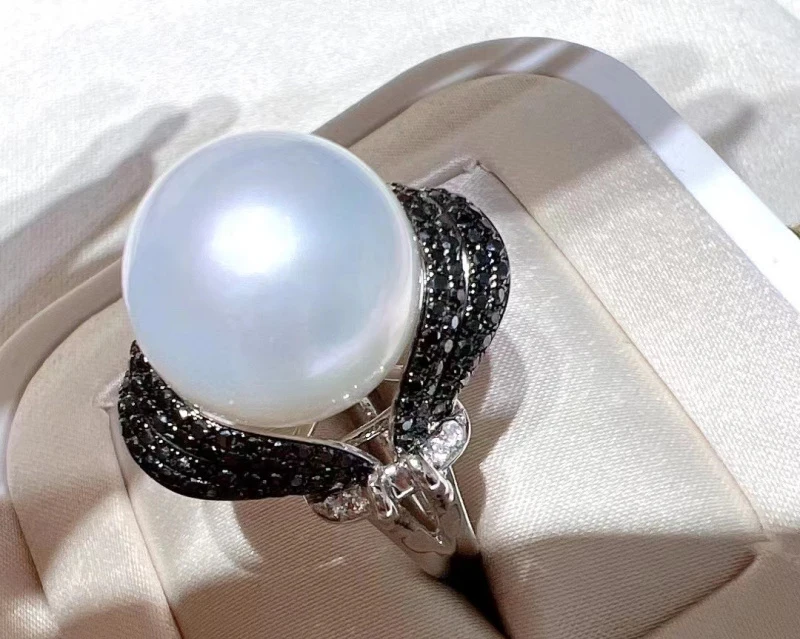 MeiBaPJ Luxurious 11-12mm Big Natural White Pearl Fashion Black Ring 925 Silver Fine Wedding Jewelry for Women Empty Tray