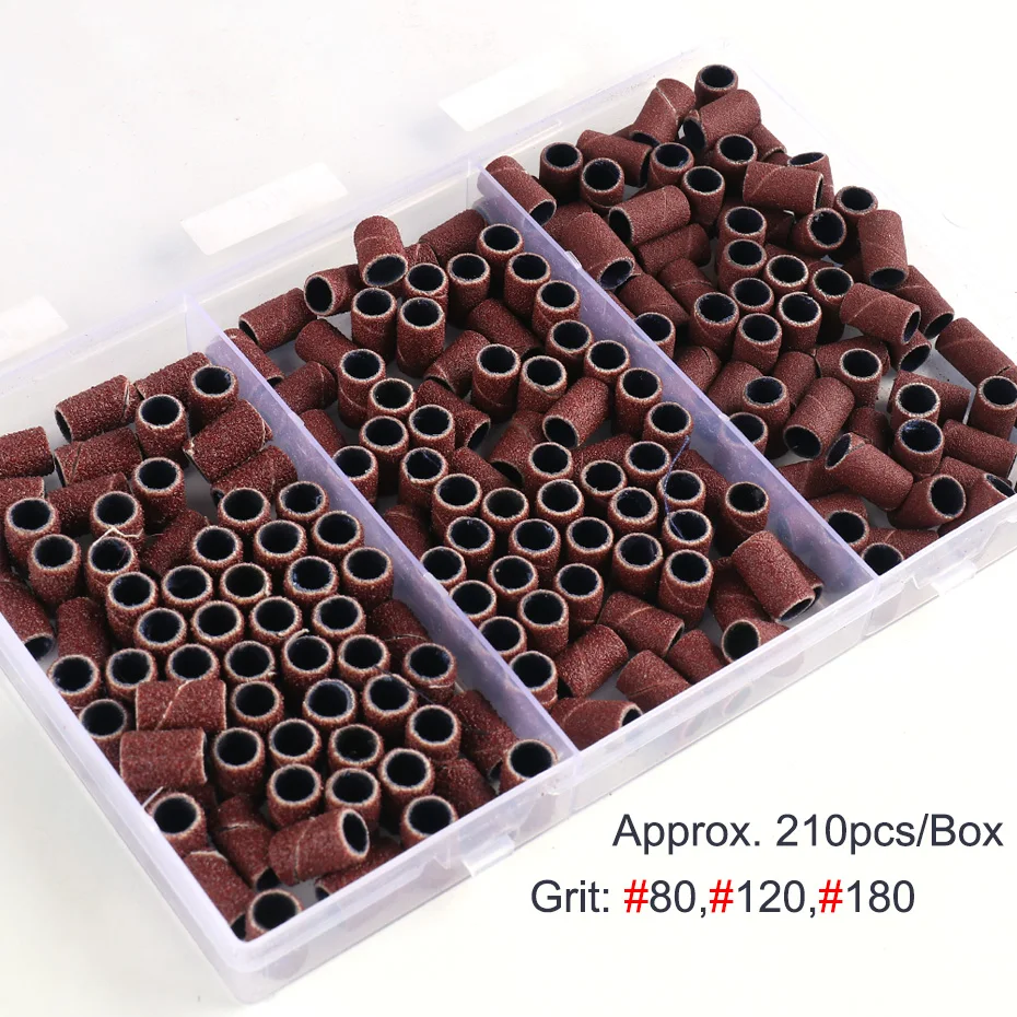 

210pcs/Box Sanding Cap Bands For Electric Machine 180/120/80 Grit Nail Drill Grinding Manicure Bit Files Pedicure Tool Set