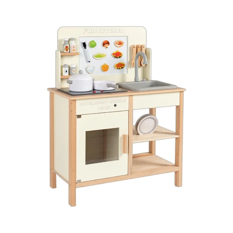 

Children's Nordic style wooden kitchen with stove, kitchenware, cooking toys for boys and girls