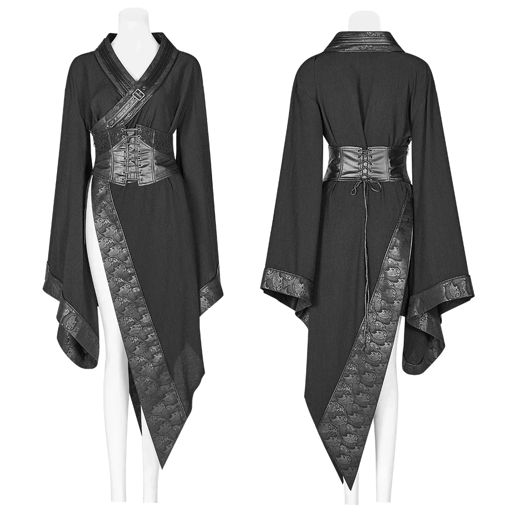 PUNK RAVE Scuro delle Donne di modo Punk Giapponese Kimono Asimmetrico Regolabile Randello Del Partito Della Fase Prestazioni Irregolare di