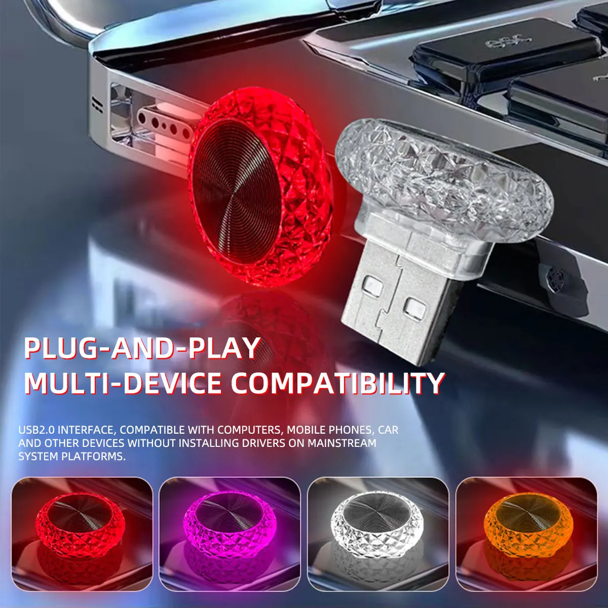 1/2pc Colorful Portable USB Mini LED Ambient Light for Car Interior Computer Atmosphere Lamp Plug and Play Night Light
