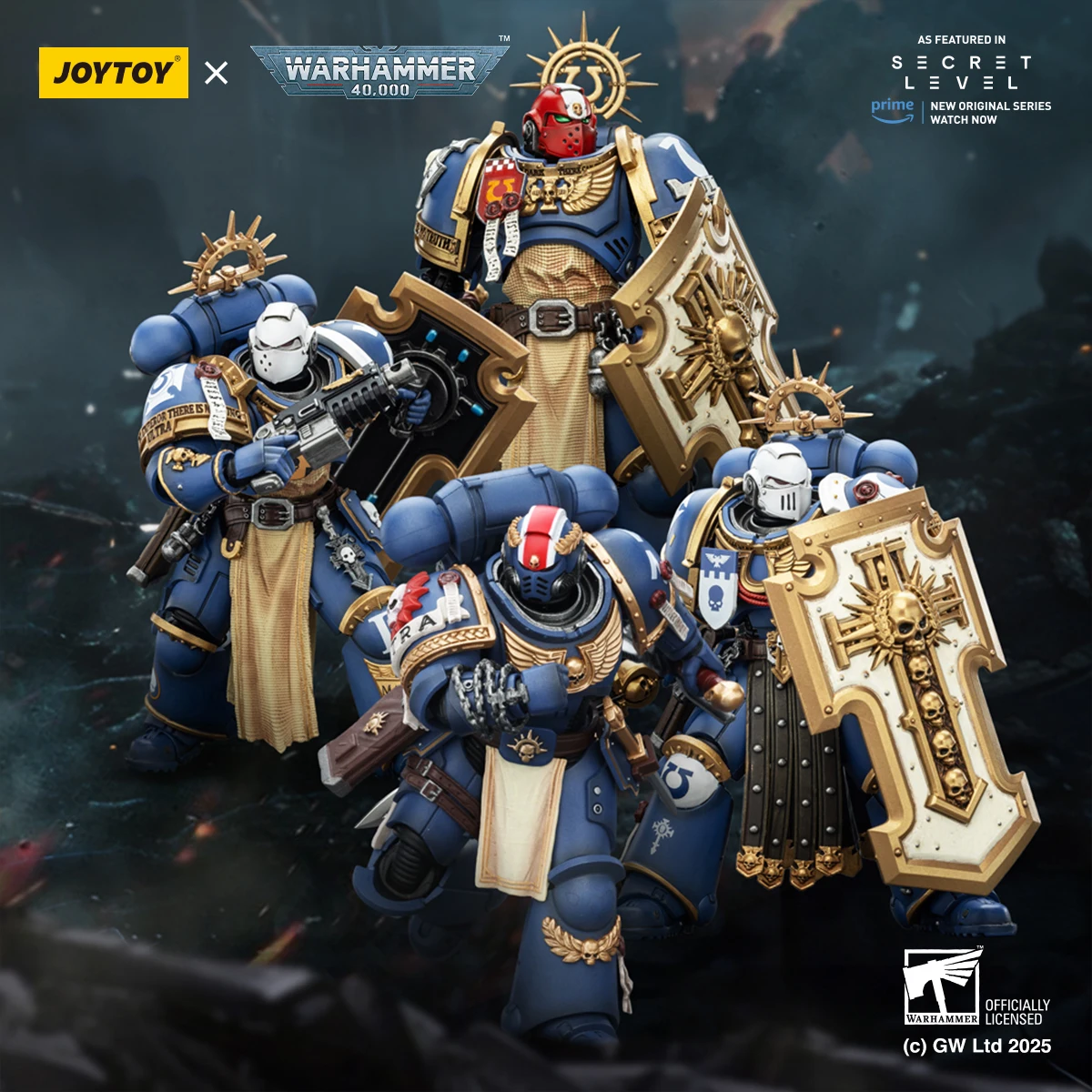 

﻿ JOYTOY Warhammer 40K 1/18 Ultramarines Titus Metaurus Levantus Torvald with Power Sword Stormshield Soldier Action Figure