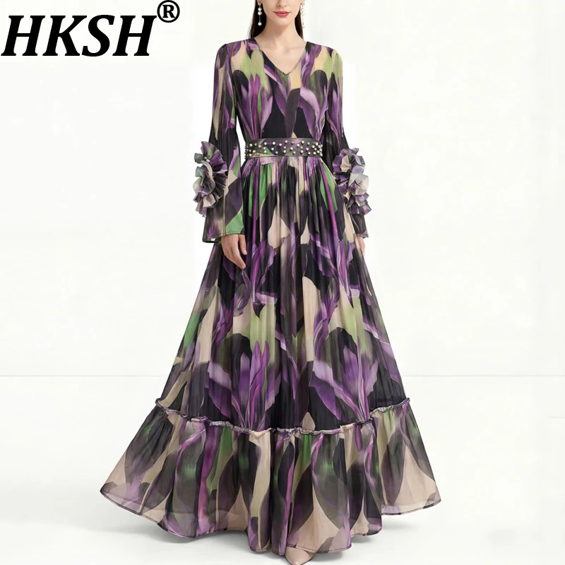 

Женское длинное платье HKSH с принтом, V-образным вырезом, приталенное, плиссированное, А-силуэт, повседневное, модное, элегантное. Новинка весна-лето 2026 HK19142