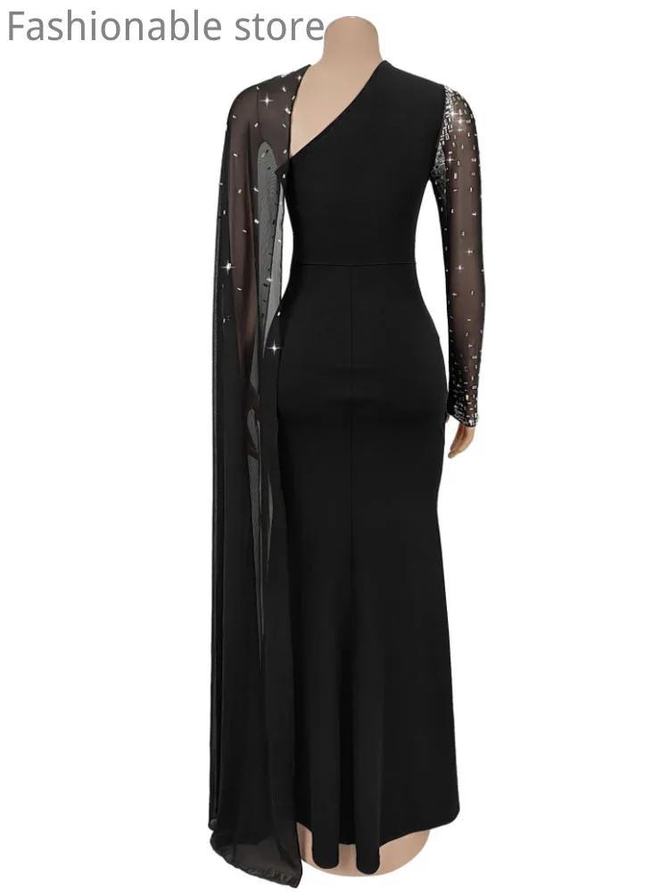 Women's Sexy Solid Color Sheer Mesh Long Sleeve Rhinestone Decor Mermaid Floor-length Party Dress