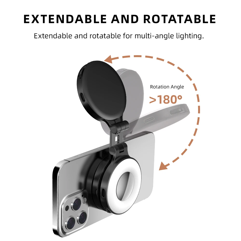 Magsafe Magnetic Fill Lights For iPhone 16 15 Universal Photography Live Broadcast LED Selfie Ring Lamp Retractable Flip Bracket