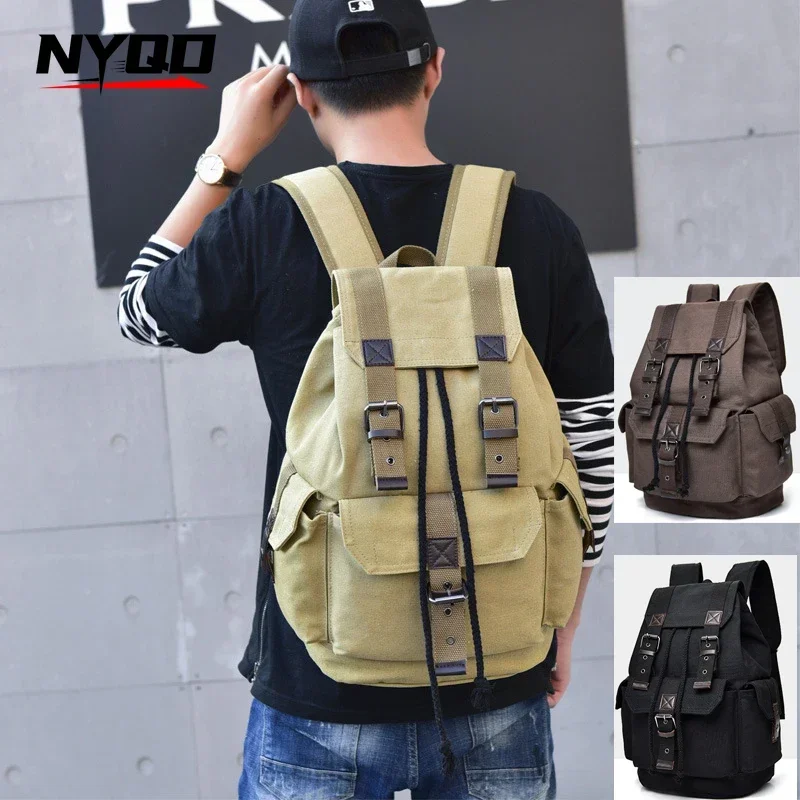 Canvas Retro Backpack Men's Travel Backpack Large Capacity Drawstring Backpack Teen Boy Student School Bag