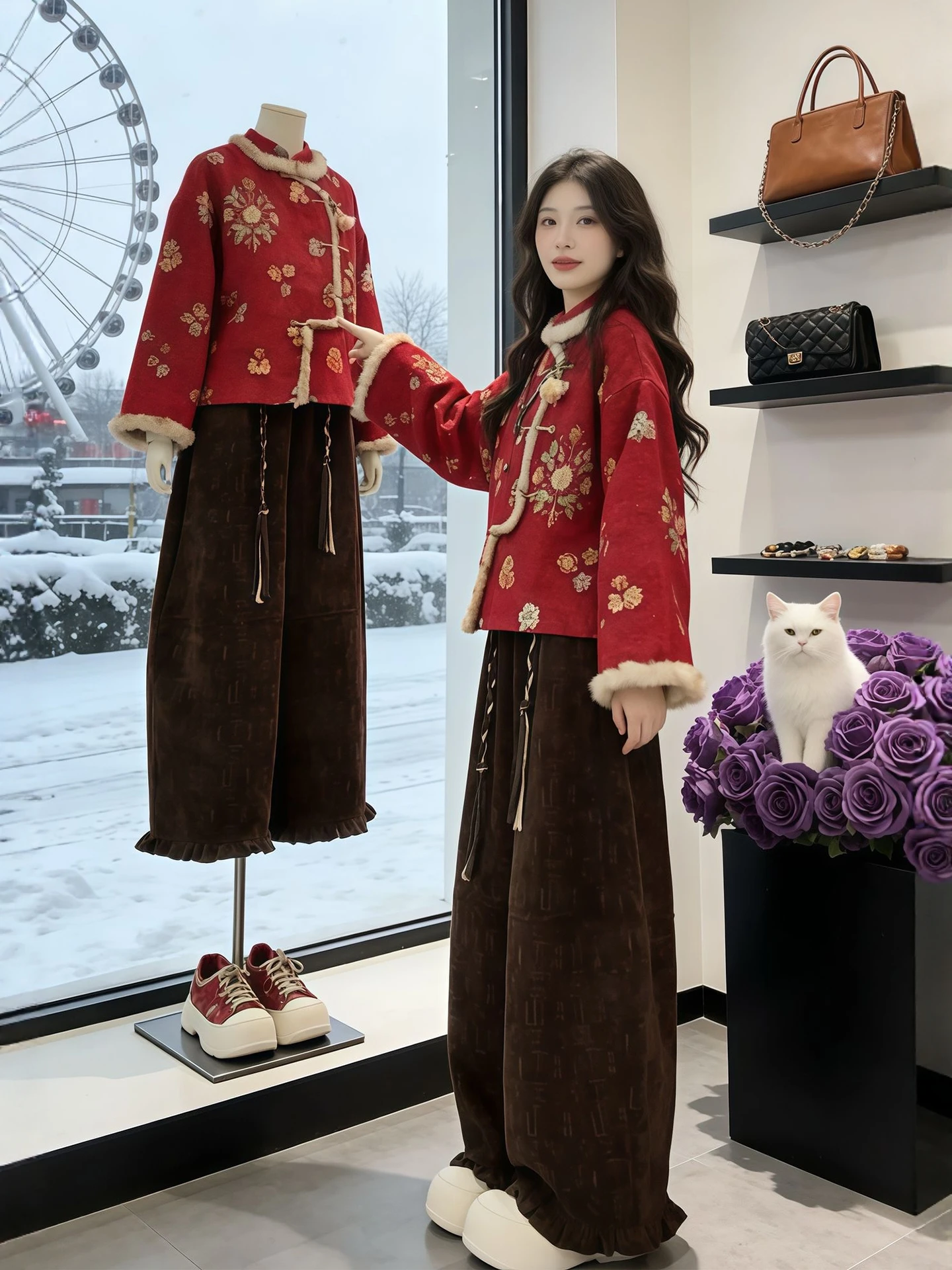 

Red Cotton Jaet And Wide Leg Pants Set Women's Faion Winter Clothes Chinese Sle New Year's Outfit plus Size Ensemble