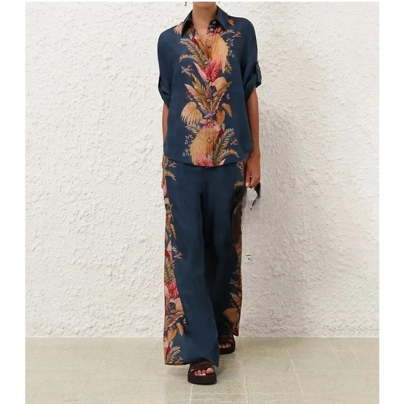 

Deep Blue Gradient Marble Pattern Print Long Sleeve Lapel Blouse Tops and Pants Sets 2025 Silk