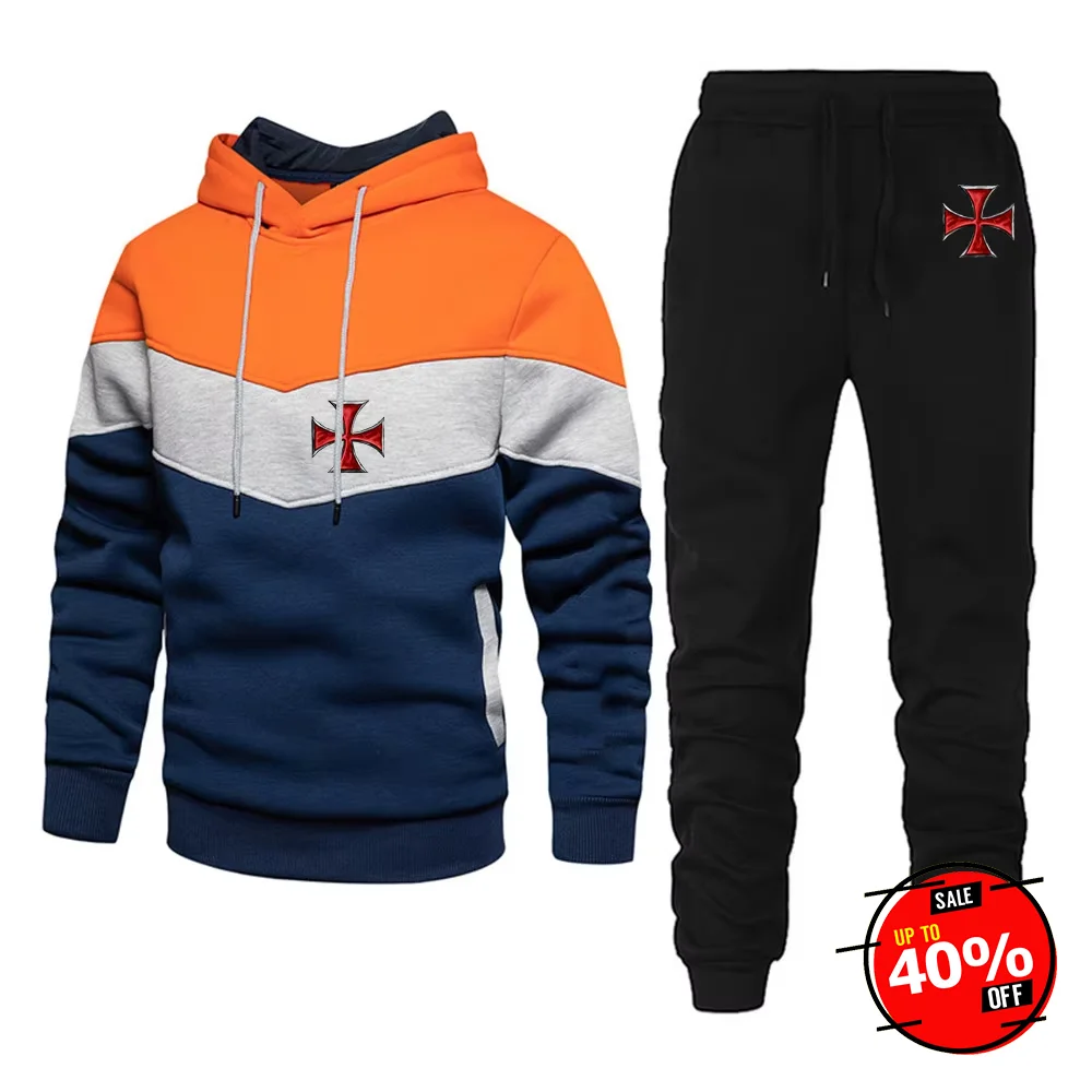 2025 Spring Autumn Knights Templar Print Man Patchwork Cotton Hooded Tracksuit Loose Hoodies+Solid Color Jogging Sweatpants Sets