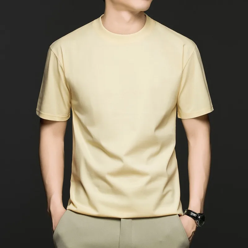 Youth Man Cotton T-shirts Anti Wrinkle Seamless Elastics Tees Tops Breathable Soft Skinny High End Round Neck Sportswear T-shirt