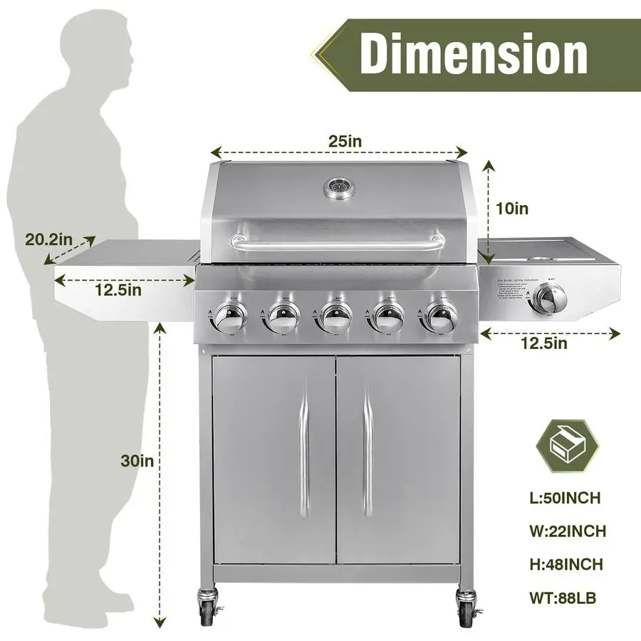 

68,000 BTU 5 Burner Propane Gas Grill with Side BurnerProfessionalGrade Stainless Steel Outdoor BBQ Grill647 sq in Cooking Space