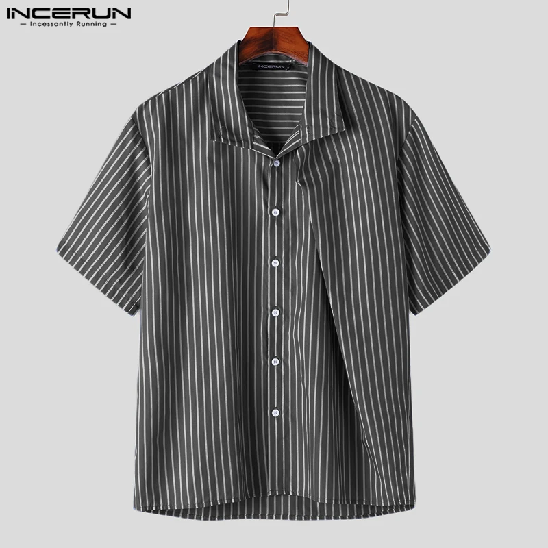 2024 Men Striped Shirt Stand Collar Short Sleeve Summer Streetwear Men Clothing Pleated Fashion Casual Male Shirts S-5XL INCERUN