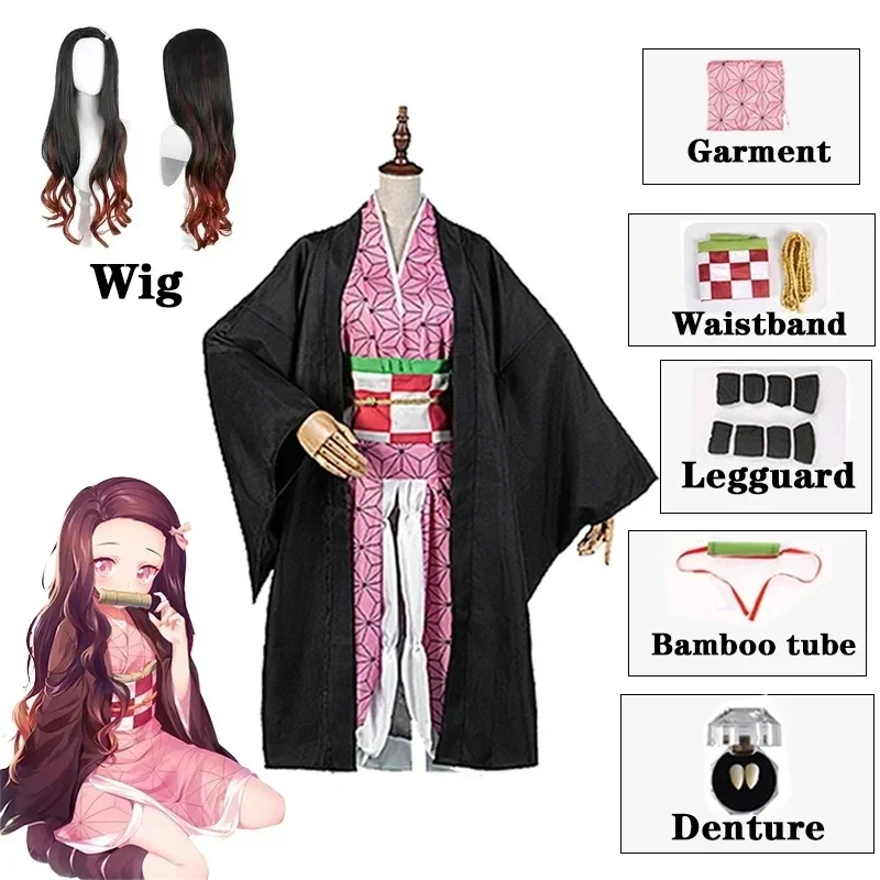 Disfraz de Anime Nezuko para mujer y niña, Kimono de cazador de demonios, Kamado, Nezuko, peluca, ropa de uniforme