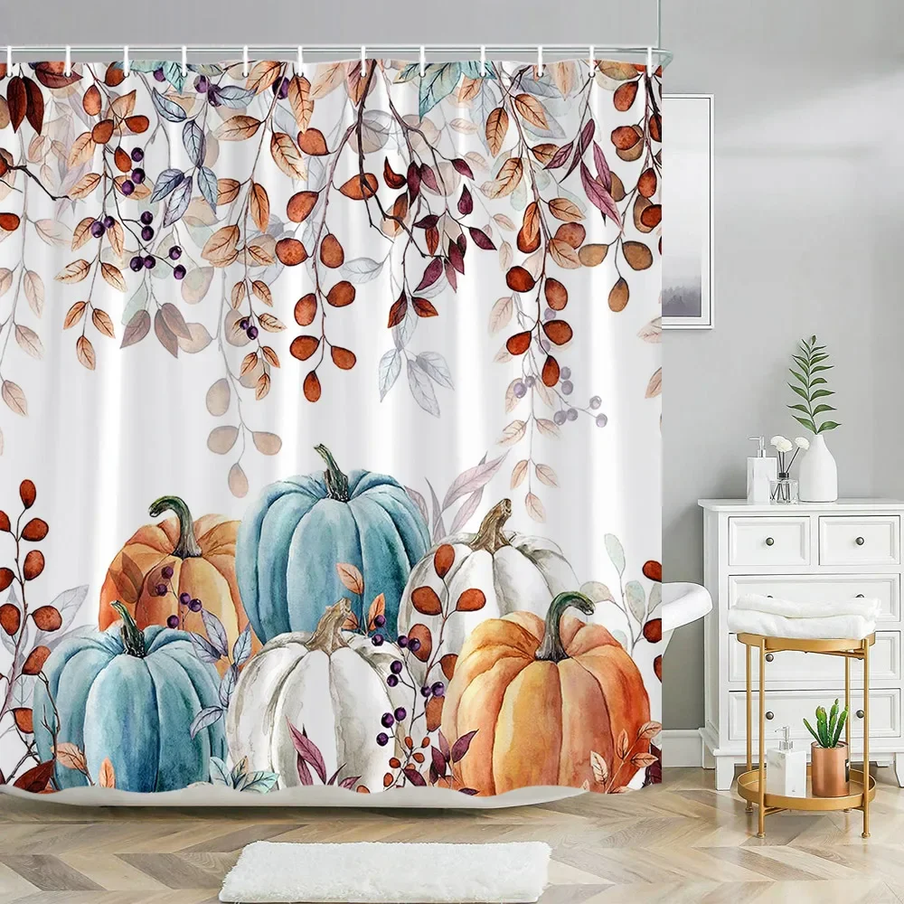 Fall Pumpkin Shower Curtain Autumn Leaves Thanksgiving Decorative Washable Bath Curtain Polyester Fabric Home Bathroom Curtain