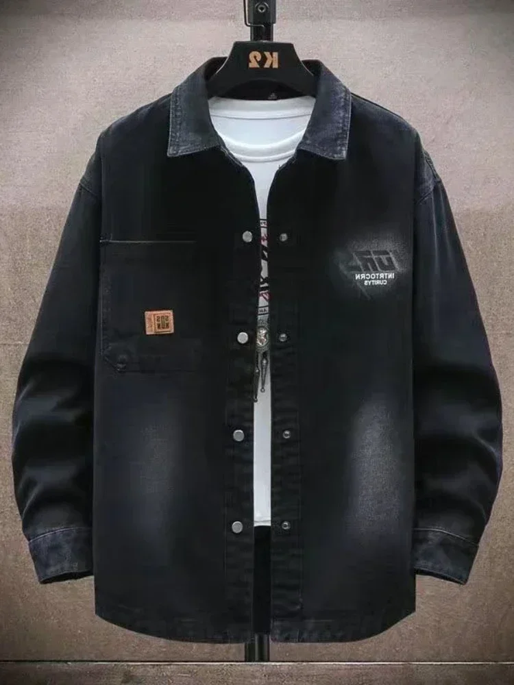 Male Jean Coats with Print Black Men's Denim Jacket Shirt Trendy Cowboy Designer Aesthetic Winter 2024 Menswear Casual Lxury G