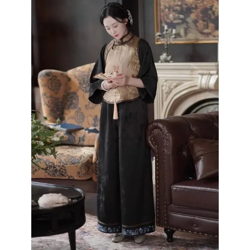 Autumn Vintage Satin Black Tang Suit Pants Women's Chinese Style Casual Wide Leg Pants Plus Size China Online Store