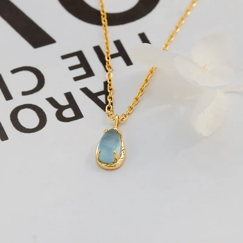 LAMOON Elegant Necklace Women Accessories Natural Aquamarine Gemstone 925 Sterling Silver Gold Plated Fine Jewelry Chain NI180