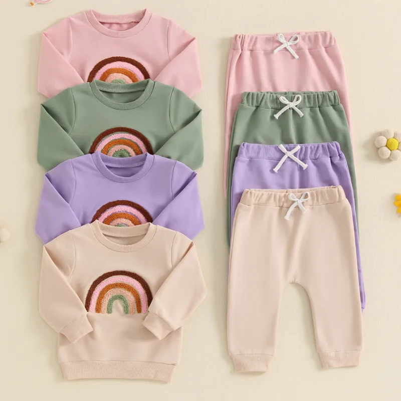 

RUEWEY 0 to 3 Years Baby Girls Pant Sets Autumn Clothes Embroidery Rainbow Long Sleeve Sweatshirt with Elastic Waist Sweatpants