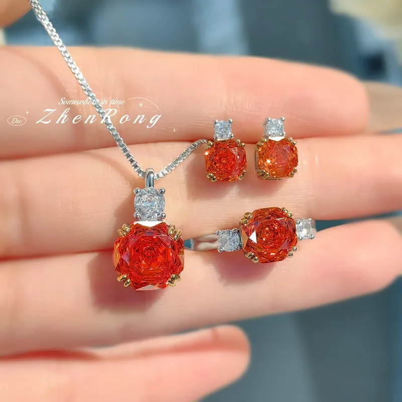 Fashionable and luxurious double-color rose-cut pendant necklace, sparkling pink diamond ring, Chinese-style red stud earrings -