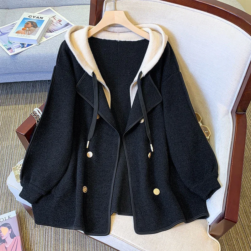 

2025 Double-sided New Two Piece Hooded Woolen Coat Large Size Autumn and Winter Temperament Slimming Cardigan Woolen Coat