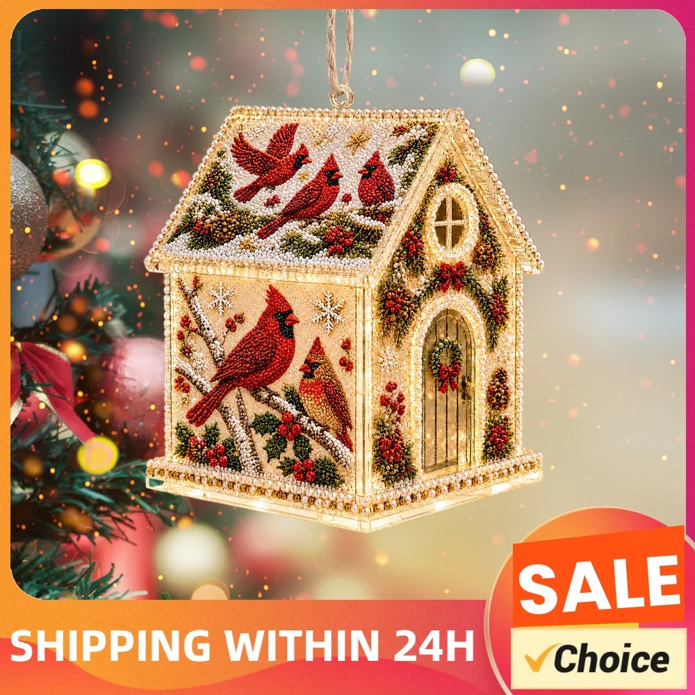 Christmas Cottage Diamond Painted Set DIY Pearl Art Kits Wooden House Rhinestone Painting Ornament Kit Xmas Tree Decoration